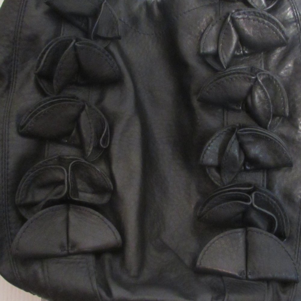 Vince Camuto Large Black Leather Hobo Handbag with Floral Design